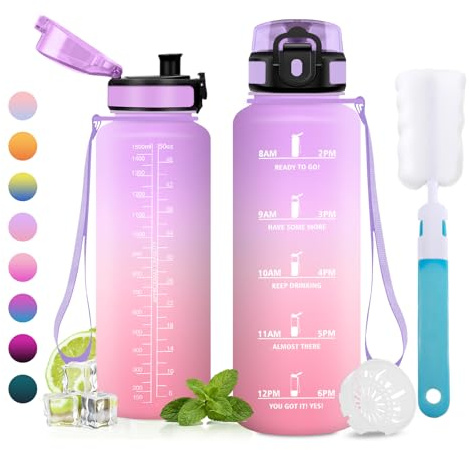JAPORIA Gourde 1.5L, Gourde avec Filtre, Bouteille sans BPA, Gourdes Motivation avec Marqueur de Temps pour l'école, Camping, Bureau, Fitness