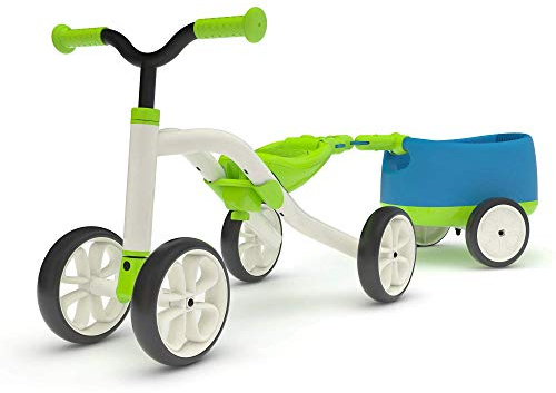 Chillafish Quadie Trailie stabiles spielfahrzeug mit Anhänger für Kinder von 1-3 Jahre, 3 Sitzpositionen, laufrad ab 1 jahr mit Aufbewahrungsfach im Sitz, leisen nicht markierenden Rädern, Grün