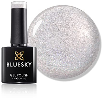 Bluesky Gel Nail Polish 10ml, Snow White - CH01, Silver Glitter | Icy sparkle over a pale base for a frosted, wintry look on tips or full nails. Glossy for 21 days and simple to soak off.