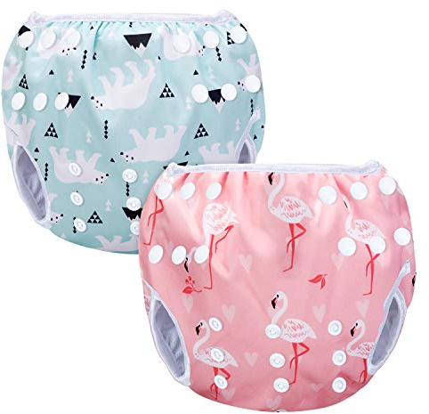 Luxja Schwimmwindel wiederverwendbar (2 Stück), Baby Schwimmhose Verstellbarer, Waschbar Schwimmwindel für Baby (0-3 Jahre), Eisbär + Rosa Flamingo