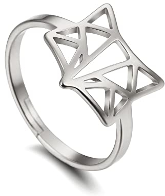 Amaxer Silber Hohl Origami Fox Damenring Edelstahl Verstellbarer Tierring