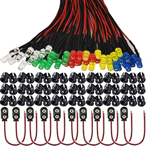 RUNCCI-YUN 50pcs 5mm prewired led,LED Diodes Light 12V 20cm Pre Wired led(Ultra Bright)+ 50Pcs 5mm Plastic LED Holder + 9V Battery Holder Clip Cable for model railway