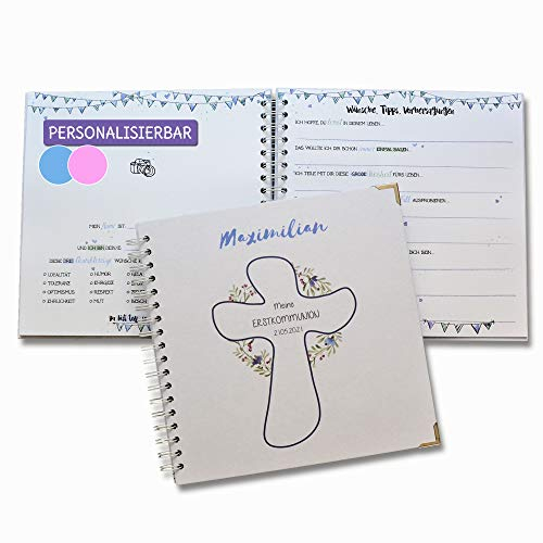 Personalisiertes Gästebuch zur Erstkommunion, Konfirmation, Firmung, Jugendweihe mit vorgedruckten Fragen für die Gäste zum Ausfüllen, Erinnerungsbuch Kommunion mit Kreuz, Gästebuch mit Fragen