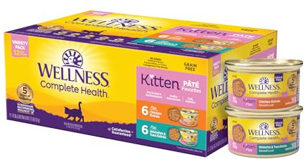 Wellness Complete Health Pate Variety Pack Kitten Canned Wet Cat Food, Natural, Protein Rich, Grain Free, Whitefish and Chicken Recipes, 3 oz, Pack of 12 Cans