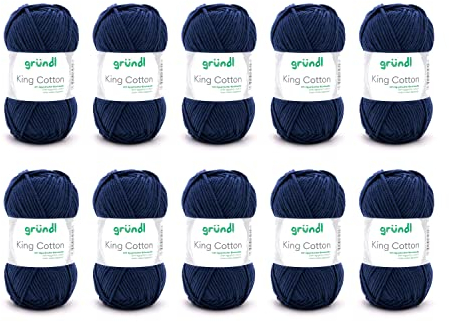 Gründl Wolle King Cotton - dicke Wolle zum Stricken - Strickgarn - Häkelgarn - weich und hautfreundlich - 55% Polyacryl, 45% Baumwolle - 10 Knäuel 50 g / 78 m - Nadelstärke 6-7 - marine