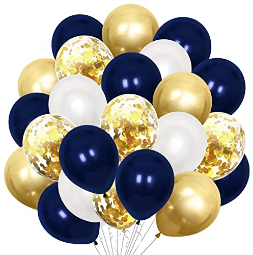 Luftballons Blau Gold Weiß, 60 Stück Helium Ballons Dunkelblau Weiß, Gold Metallic Luftballons Latex Ballons Marineblau mit Konfetti für Luftballons Girlande Geburtstag Hochzeit Deko