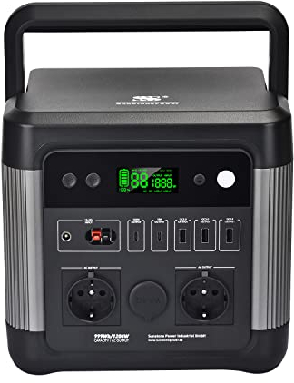 Sunstonepower 1200W Powerstation 999Wh Lithium Akku Mobiler Stromspeicher & Solar Generator mit 2 x 1200W AC-Steckdosen für Campingreisen, Garten, Balkon, Heimwerken und Notstromaggregat