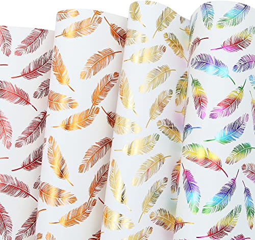 Geluode Geschenkpapier, Feder-Design-Folie, Geburtstagsgeschenkpapier, 4 weiße Kunstpapiere für Geburtstag, Hochzeit, Weihnachten, Eid, Muttertag, Babyparty, Brautparty (4 Blatt)