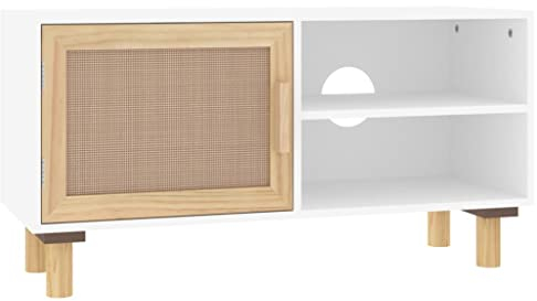 vidaXL TV Schrank Lowboard TV Möbel Sideboard Fernsehtisch Fernsehschrank HiFi-Schrank Weiß 80x30x40cm Massivholz Kiefer Natur-Rattan