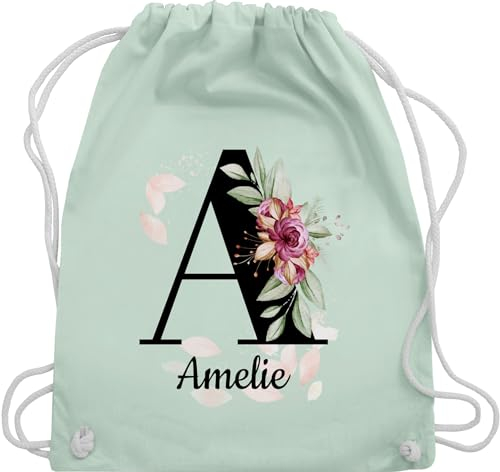 Turnbeutel Rucksack - Buchstabe anpassbar mit Name I Geschenk Initialen - Unisize - Pastell Grün - jga beutel blumen stoffbeutel schule personalisierte buchstaben a turnsack kita tasche