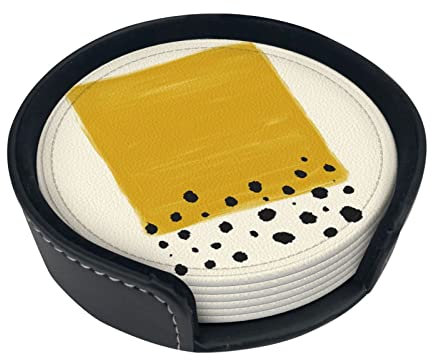 Lot de 6 dessous de verre en cuir jaune moutarde et noir, pour boissons absorbantes avec boîte de rangement