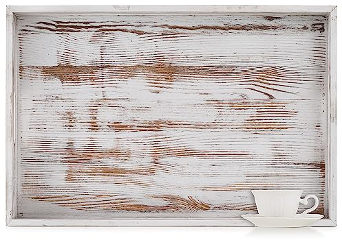 Hanobe Large Serving Ottoman Tray: Extra Large Wood Serving Tray with Handles Rustic White Decorative Coffee Table Trays Farmhouse Home Decor for Living Room Kitchen Counter
