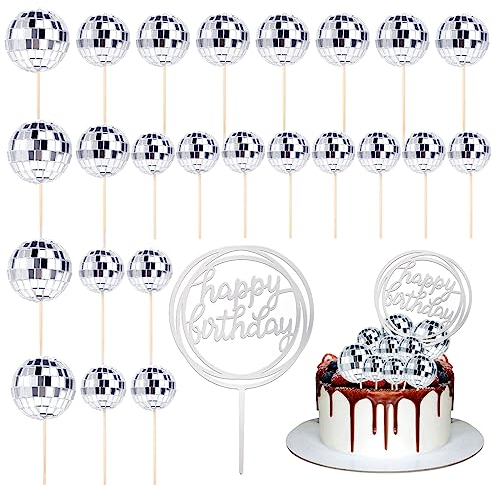 24pcs Disco Ball Cupcake Toppers, Happy Birthday Cake Topper 70s Disco Ball Cake Topper Disco Ball Picks Cake Decorations for Disco Theme Party (Silver)
