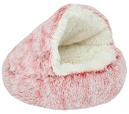 Freyamy Hundebett Katzenbett Rund Halb Geschlossener mit Kapuze Kleine Hunde und Katzen Haustierbett Waschbar rutschfest Hundebetten Lang Plüsch Verdicktes Warmes Hundekorb Farbverlauf Rosa Ø60CM