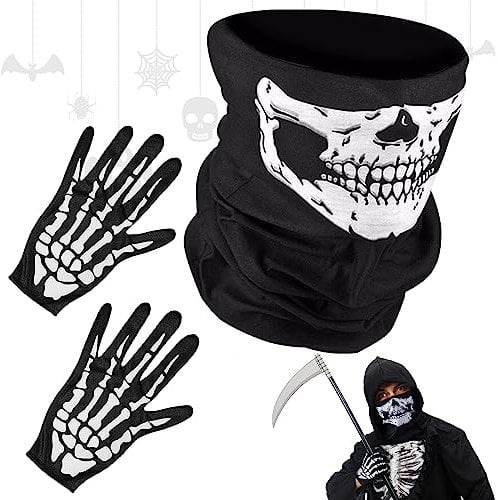 Maschera per la testa morta + guanti scheletri, maschera per tubo del tubo del cranio, decorazioni per feste in costume di Halloween, maschera per cranio in bicicletta da sci-motorcycle maschera