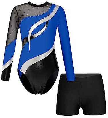 Oyolan Mädchen Kinder Gymnastikanzug Turnanzug Glitzernde Gymnastikbody Langarm Turntrikot mit Kurze Hose Tanzkostüm Königsblau 146-152