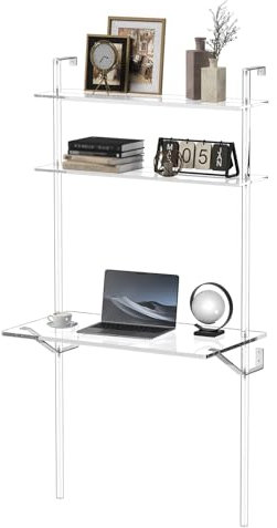 HMYHUM Acrylic Wall Mount Desk, Clear Ladder Desk with Open Shelves, Floating Desk for Laptop, Computer, Study, Writing, Vanity Table, Modern, 36 L x 19.7 W x 69.99 H