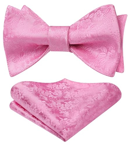 HISDERN Herren Fliege Rosa Blumen Selbstgebundene Fliege und Einstecktuch Set Einfarbig Anzug für Hochzeit Feier Smoking