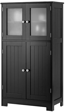 CASART Bathroom Floor Cabinet, Wooden Storage Cupboard with Adjustable Shelf & Doors, Freestanding Side Cabinet Storage Organizer for Bathroom Kitchen Living Room (Without 2 Open Shelves, Black)