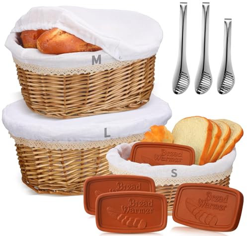 Havawish 9 Pcs Bread Baskets with Tongs and Bread Warmer Stone 3 Sizes Bread Serving Basket Wicker Bread Baskets for Table with Removable Liner Bread Containers Stainless Steel Tongs Clip for Kitchen