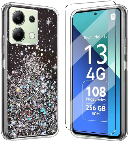 Glitter Bling Coque et 1Pcs Verre trempé Protection Compatible with Xiaomi Redmi Note 13 4G Coke Coque de Protection étui Housse Etui Protection et protège écran Antichoc,Noir