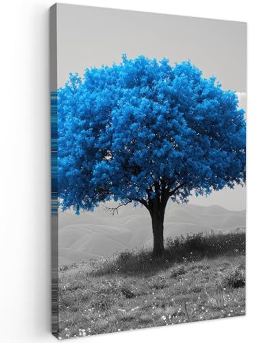 MuchoWow© Impression sur Toile Peinture 40x60 cm Tableau Mural Decoration Salon Reproductions de Tableaux Murale Moderne Arbre - Nature - Bleu - Noir et blanc