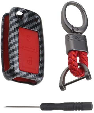 YINETTECH 2 Tasten ABS Carbon Fiber Shell Silikon Autoschlüsselhüllen Cover Shell Smart Key Fob mit Schlüsselanhänger Kompatibel mit VW Kompatibel mit Golf 4 5 6 (Rot)