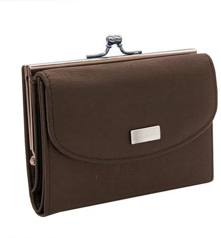 Charmoni - Portefeuille Femme - Porte Monnaie Fermoir clic clac - Porte Carte Crédit - en Cuir De Vachette Véritable (Cuir, Marron)