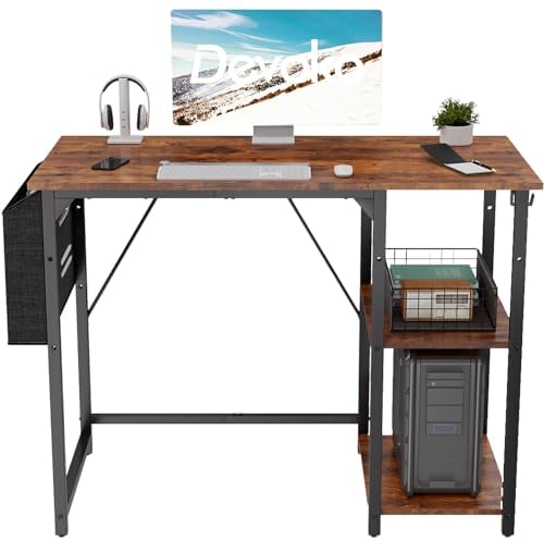Devoko Computer Schreibtisch mit Reversible Regal, 100cm Schreibtisch Kleiner Tisch mit Kopfhörerhaken, Industrial Style Study Table, Bürotisch Kleiner für Heimbüro,Vintage Braun