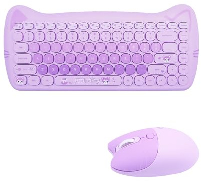 Cute Cat Ensemble clavier et souris USB sans fil 2,4 G, touches flexibles pour machine à écrire, couleurs bonbon, compatible avec ordinateur portable, PC (violet -A)