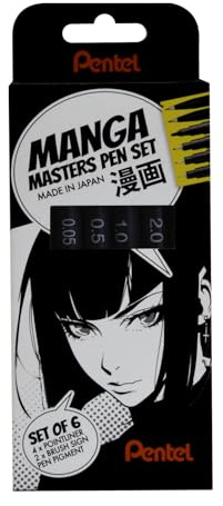 Pentel Arts YS20PSESP, Manga Masters Pen Set, 4 Pointliner Tip Sizes 0.05-2.0mm & 2 Brush Pens, Black ink (Pack of 6)