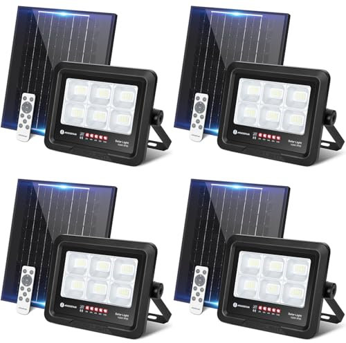 Aigostar Foco Proyector LED Solar con mando a distancia 100w 4 piezas, Blanco Frío 6500K, Foco Solar Exterior Impermeable IP65,Proyector LED Exterior con Brillo y Sincronización ajustables para Jardín