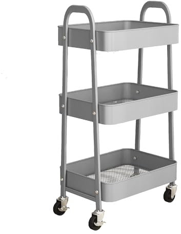 simpa 3 Tier Metal Multipurpose Wheeled Storage Tray Cart - GREY 78.5cm (H) x 46cm (W) x 30.5cm (D)