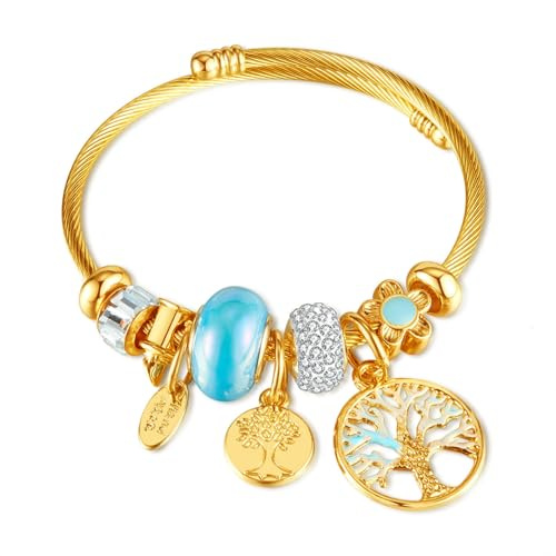 ATE Bracelet à Charms en Acier Inoxydable Plaqué Or Bracelet Ouvert avec Perles et Charms Style Vif B212-5