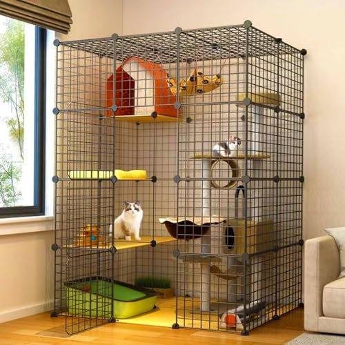 AUTO HIGH 4-stöckiger Katzenkäfig, Katzengehege für den Innenbereich mit Hängematte und Oberlicht für 1–3 Katzen, abnehmbares Katzenhaus aus Metalldraht, 105 x 70 x 140 cm, Schwarz