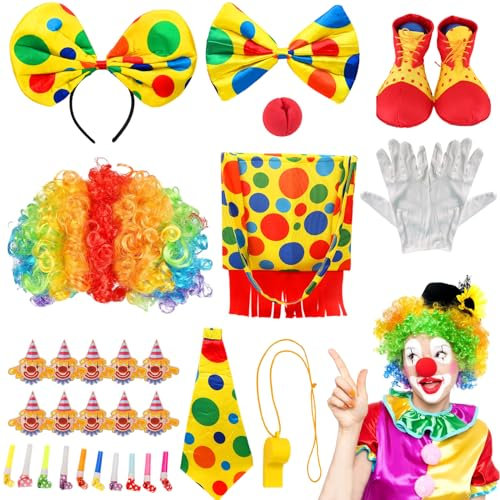 Buntes Clown Kostüm Set-10 Stück für Erwachsene mit Zubehör Lockenperücke Rote Nase Bunte Fliege Tasche Handschuhe Schuhe Zirkusrequisiten, Karneval Halloween Maskerade Cosplay Party Kostüm Zubehör
