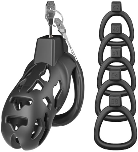 Meeteel Hohldesign Peniskäfig für Männer Harz Keuschheitskäfig Herren Sexspielzeug mit 5 Penisringe 3D Chastity Cage Male SM Penis Käfig Extrem Schwarz Keuschheitsgürtel Fesseln & Bondage, Groß