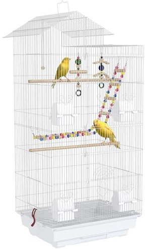 PawHut Jaula para Pájaros Pajarera con Múltiples Puertas 4 Comederos 3 Perchas Columpio Escaleras y Bandeja Extraíble para Loros Canarios Periquitos 46x36x100 cm Blanco