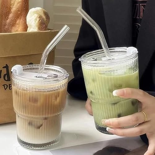 Juego de 2 vasos de cristal con tapa y pajita, vaso de 400 ml, vasos de café, vasos de cerveza, vasos de viaje, vaso de batidos, diseño a prueba de fugas, para café, cócteles, té