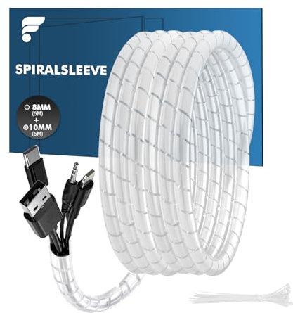 shinfly 2×6 m Copricavi Spirale Flessibile Raccogli Cavi, Cable Management Spirale Cavi Coprifili Elettrici per TV, PC, Stereo, Console Giochi (6m ø 8mm+6m ø 10mm+10pz Fascette, Trasparente Bianco)