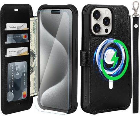 VANAVAGY Compatible for iPhone 15 Pro Max Wallet Case for Magsafe Wireless Charging,Leather Flip Wrist [Glass Screen Protectors and Camera Lens Protectors]with RFID Blocking Card Holder,Black
