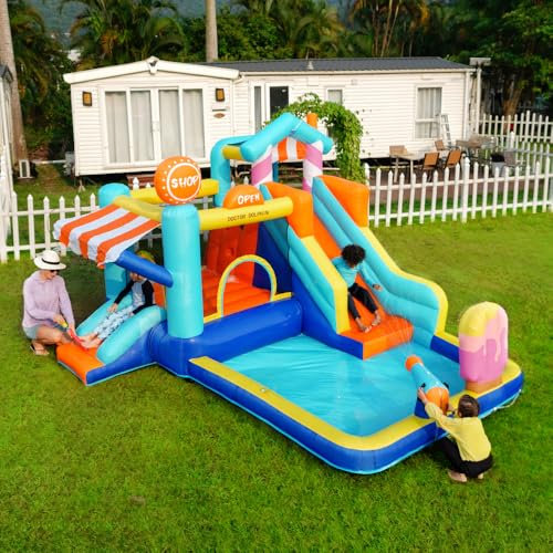 Seyakany Château gonflable pour enfants, parc aquatique extérieur multifonctionnel + trampoline, toboggan aquatique, petit toboggan, fontaine, pistolets à eau, auvent de magasin,compris souffleur 450W
