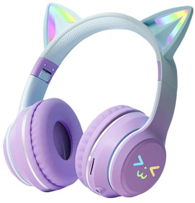 Générique Cat Ear Headphones - Lighting Headphones, Earbuds for Cute | Wireless Earbuds with LED Ears Light Up, Foldable Over Ear Headphones with for E