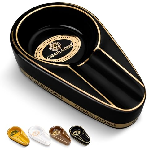 Cigar Ashtray Portable Ceramic, Heat Resistant Outdoor Small Cigarette Ash Tray Windproof with 1 Slot Cigar Holder for Patio/Outdoor/Indoor/Travel (Black)