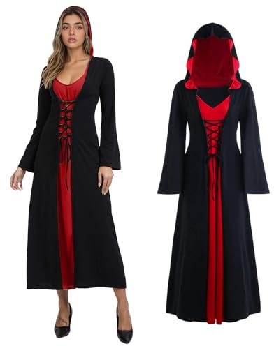 JDFAIJEAL Damen Mittelalter Gothic Kapuzenkleid,Vampir Hexe Retro Kleid | Halloween,Karneval,Fasching Cosplay Kostüm;Renaissance Stil;Erwachsenen Outfit für Themenparty,Festveranstaltungen