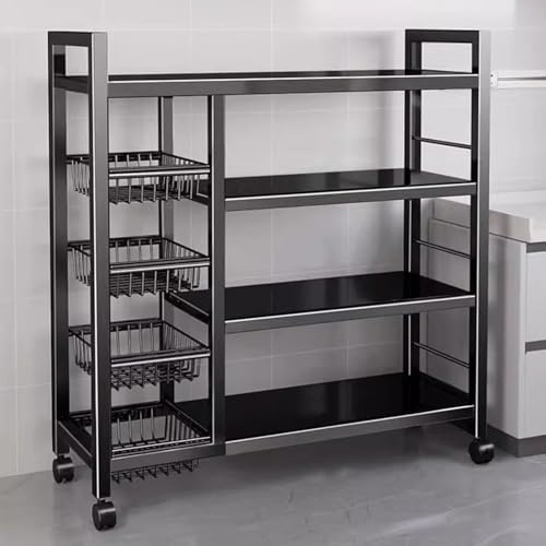 VVVineanie Metalllagerregal Mit 4 Schichten und 4 Mesh-Körben, Ausgestattet Mit Rollen und Verstellbarer Höhe von 5 Zentimetern, Geeignet für Küchen (schwarz, 36x12.6x53in/90x32x135cm)
