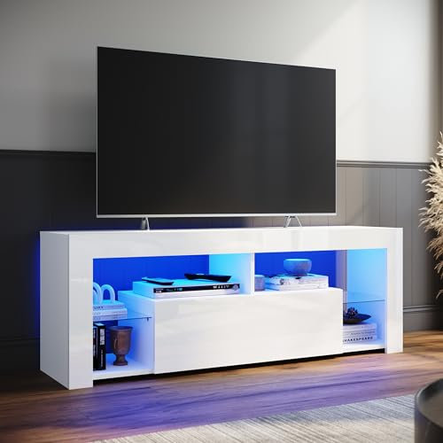 ELEGANT TV Stand Cabinet Unit with 16 RGB LED Lights, High Gloss TV Stand with Large Storage and 1 Big Drawer, Modern White TV Cabinet with 2 Glass Shelf for Living Room, Bedroom 1400x350x505mm