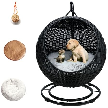 Hanging Swing Bed with Stand & Cushion for Cats and Small Animals - Rattan Wicker Indoor Outdoor Egg Chair for Bedroom and Porch