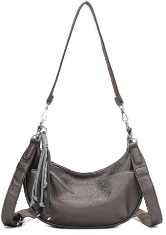 ITALYSHOP24 DAMEN TASCHE MOON Bag Crossbody Runde Schultertasche Hobo Bag Taschenanhänger Umhängetasche Shopper Crossover Handtasche Halbmond Leder Optik Reise (Antiksilber)
