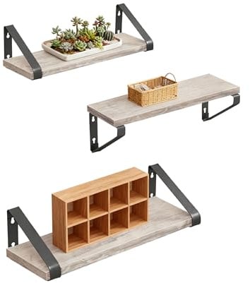 Relaxdays Wandregal, 3er Set, 3 Größen: 30, 35, 40 cm Breite, Holzoptik & Metall, Wandbretter für Bücher & Deko, Greige